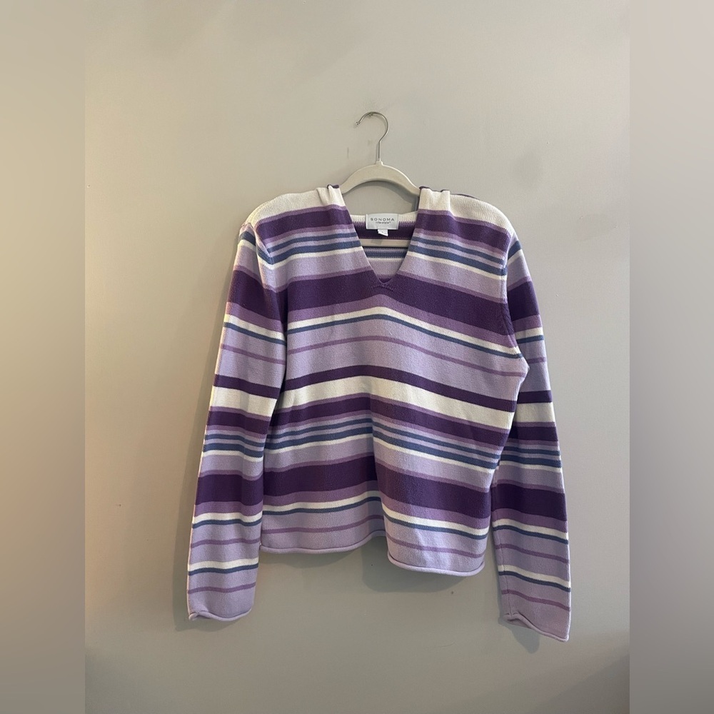 Y2K Styled Sonoma Multi Colored Purple Stripped Sweater with Hood